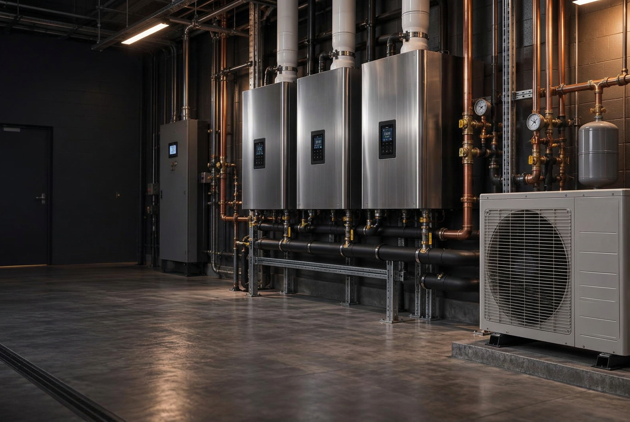 Water heaters and an air-source heat pump in a plant room