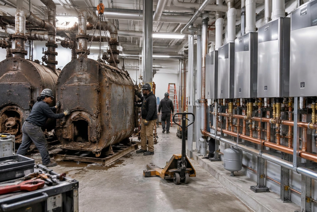 Old boilers replaced with tankless water heaters